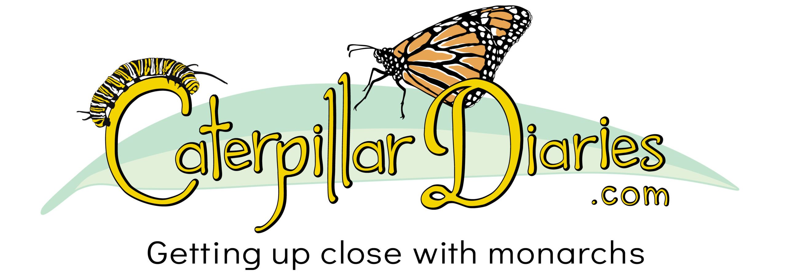 The logo for Caterpillar Diaries featuring a caterpillar, a monarch butterfly, and the words Caterpillar Diaries.com Getting up close with monarchs